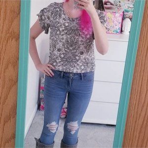 LOFT Black & White Paisley Floral Ruffle Sleeve Top